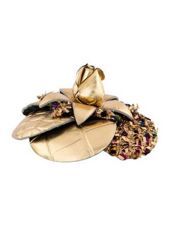 Chanel Tweed, Leather & Fabric CC Camellia Brooch