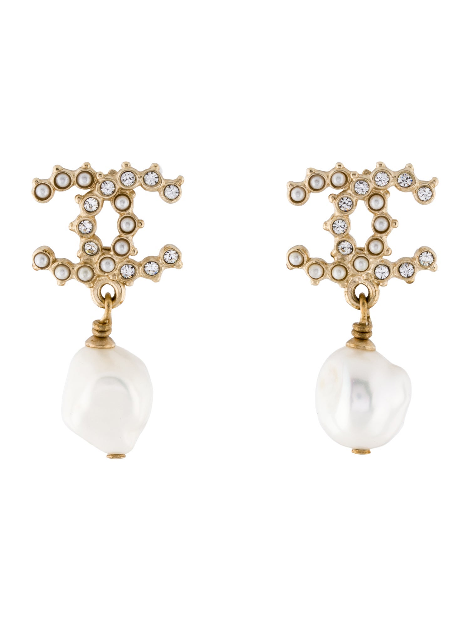 Chanel 2020 Faux Pearl & Strass CC Drop Earrings