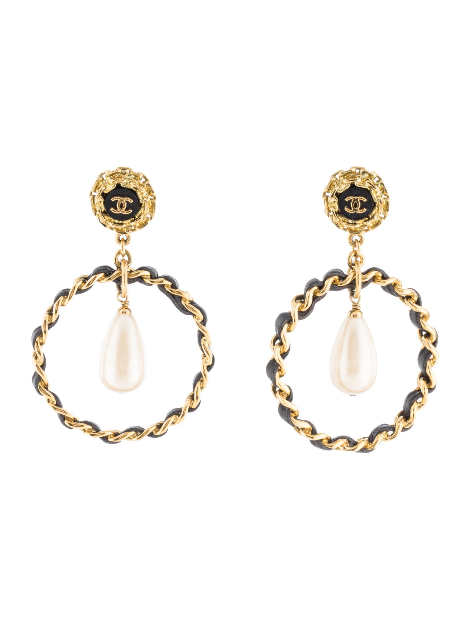 Chanel Vintage Faux Pearl & Leather Clip-On Drop Earrings