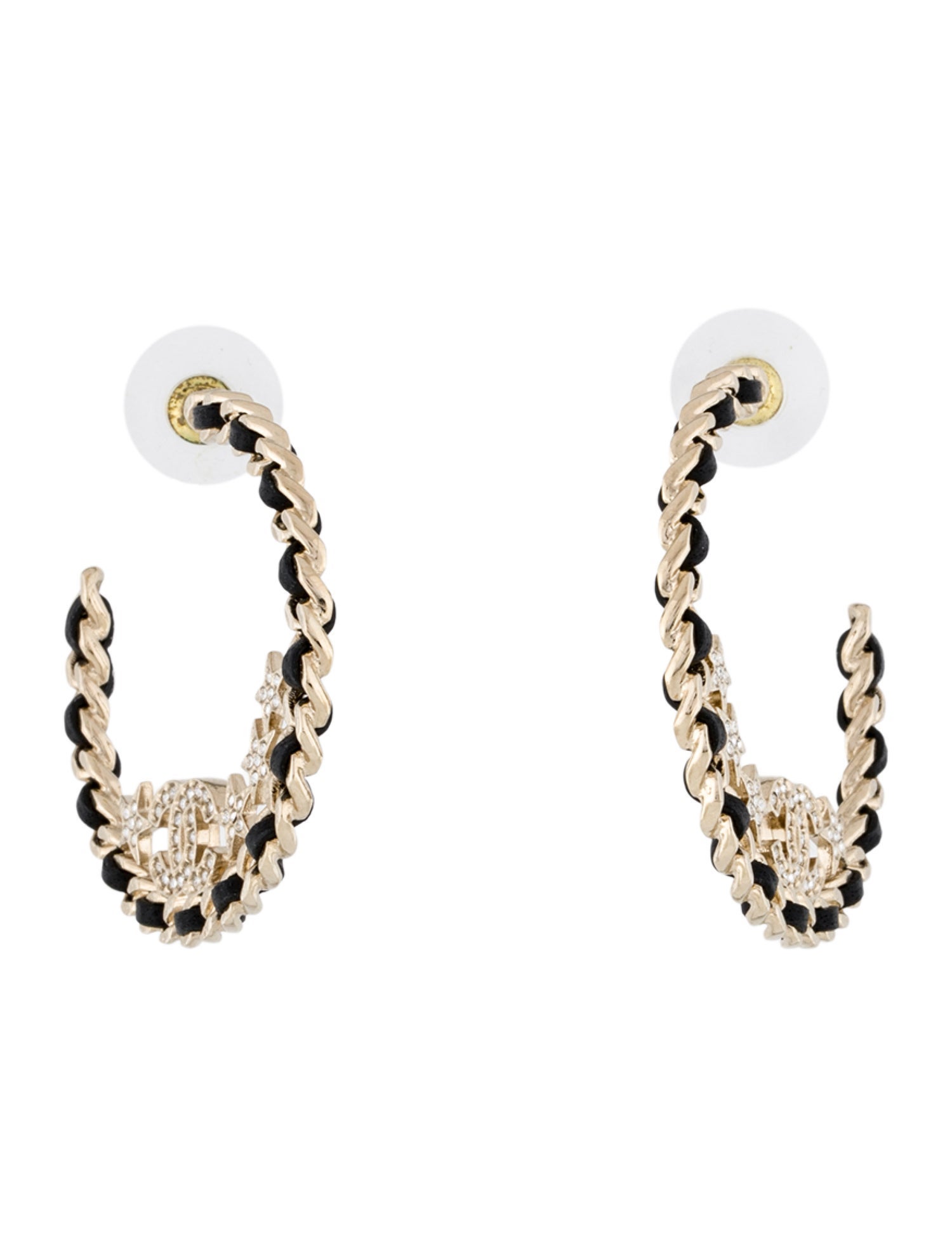 Chanel 2023 Strass & Leather CC Hoop Earrings