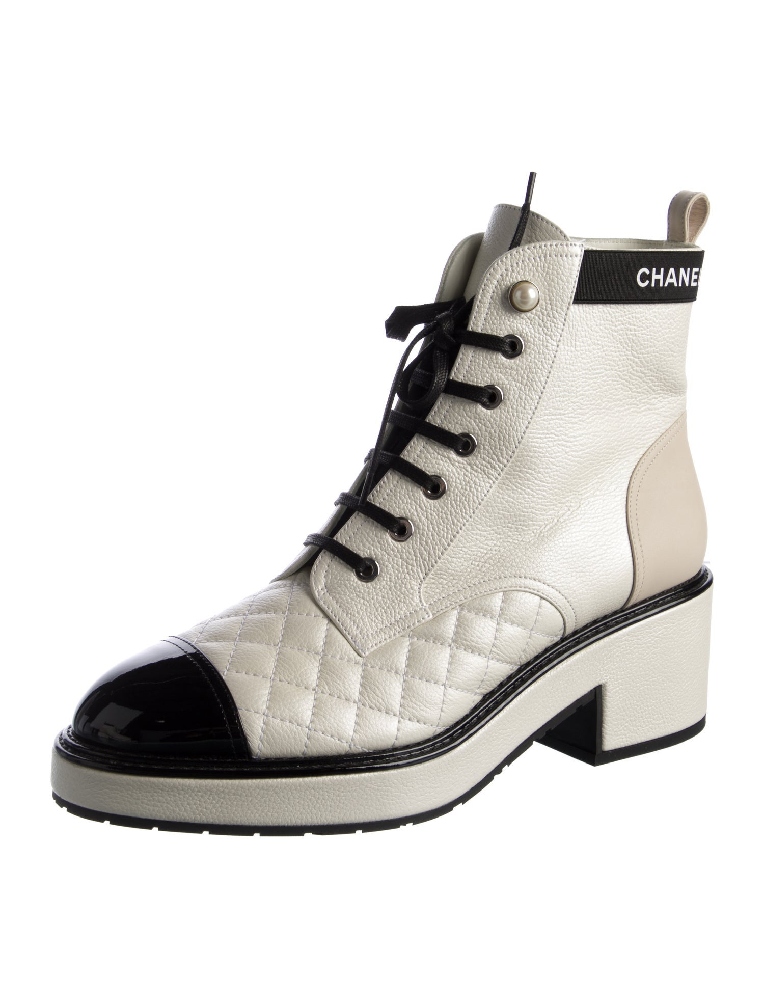 Chanel Faux Pearl Accents Leather Lace-Up Boots