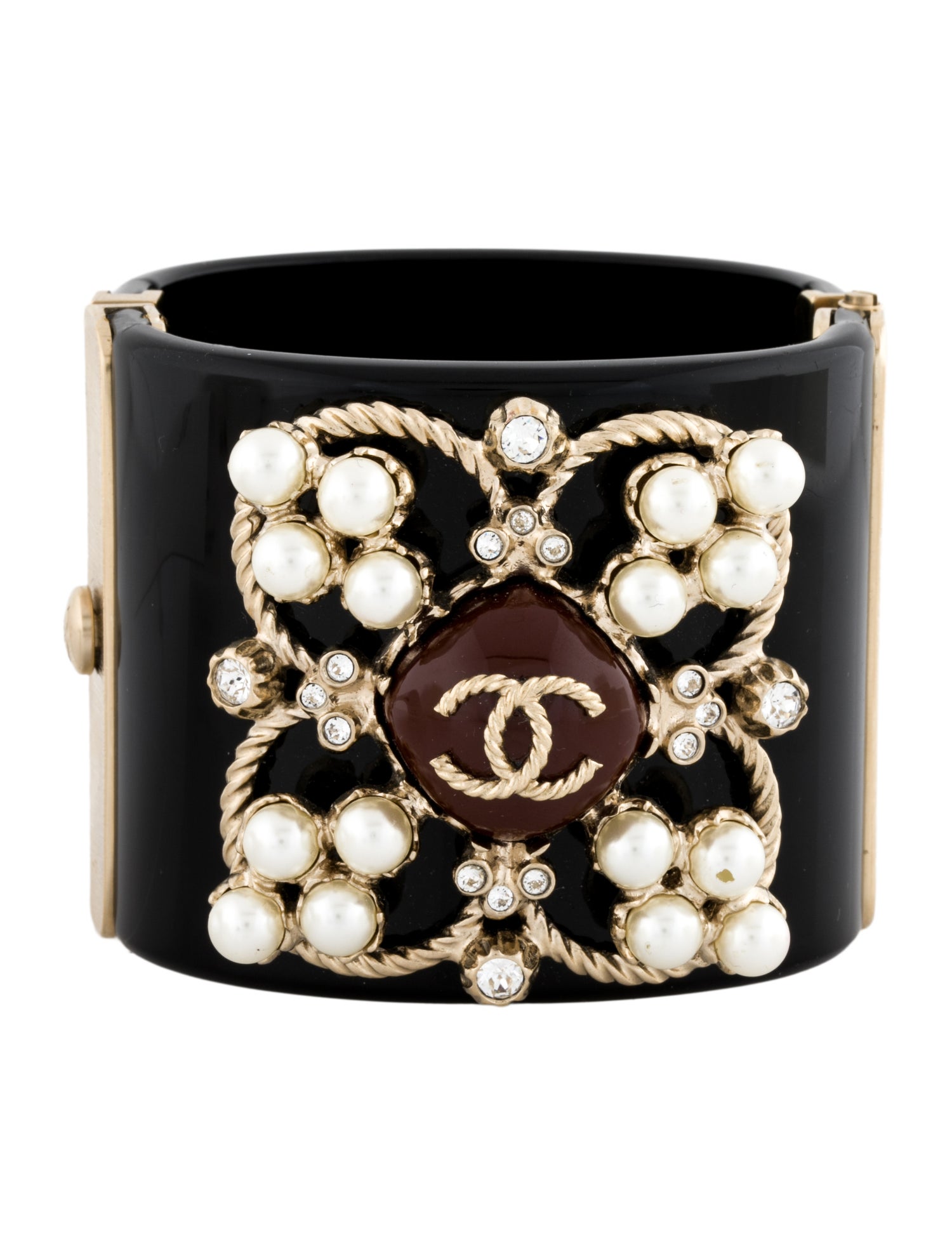 Chanel Faux Pearl, Strass & Resin CC Hinged Bangle Bracelet