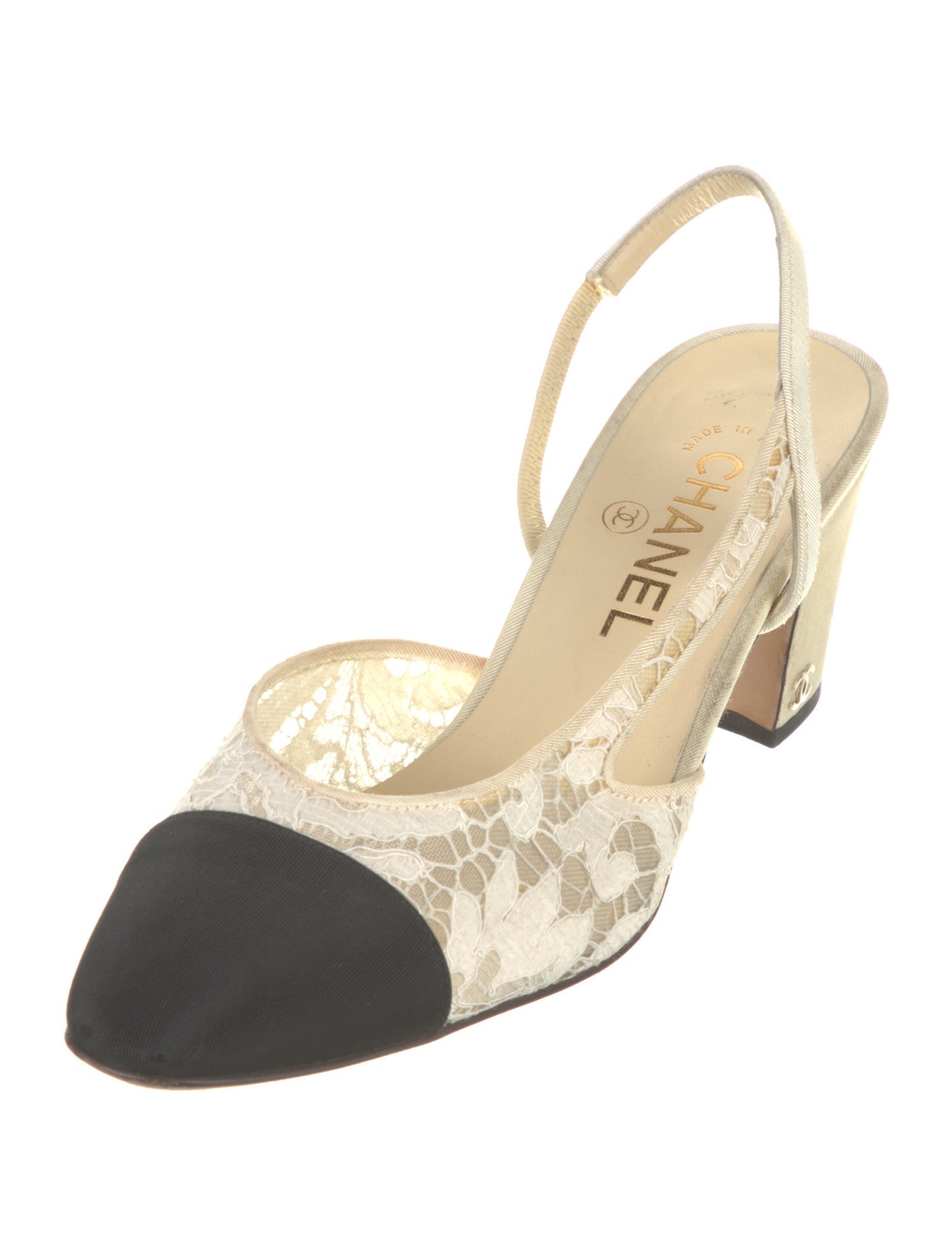 Chanel Interlocking CC Logo Lace Slingback Pumps