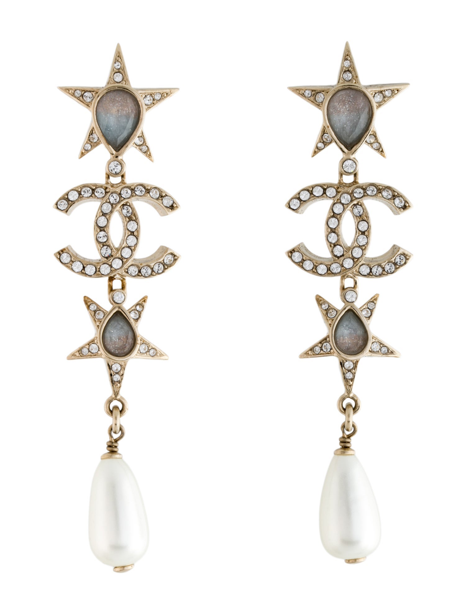 Chanel 2023 Faux Pearl & Strass CC Logo Star Drop Earrings