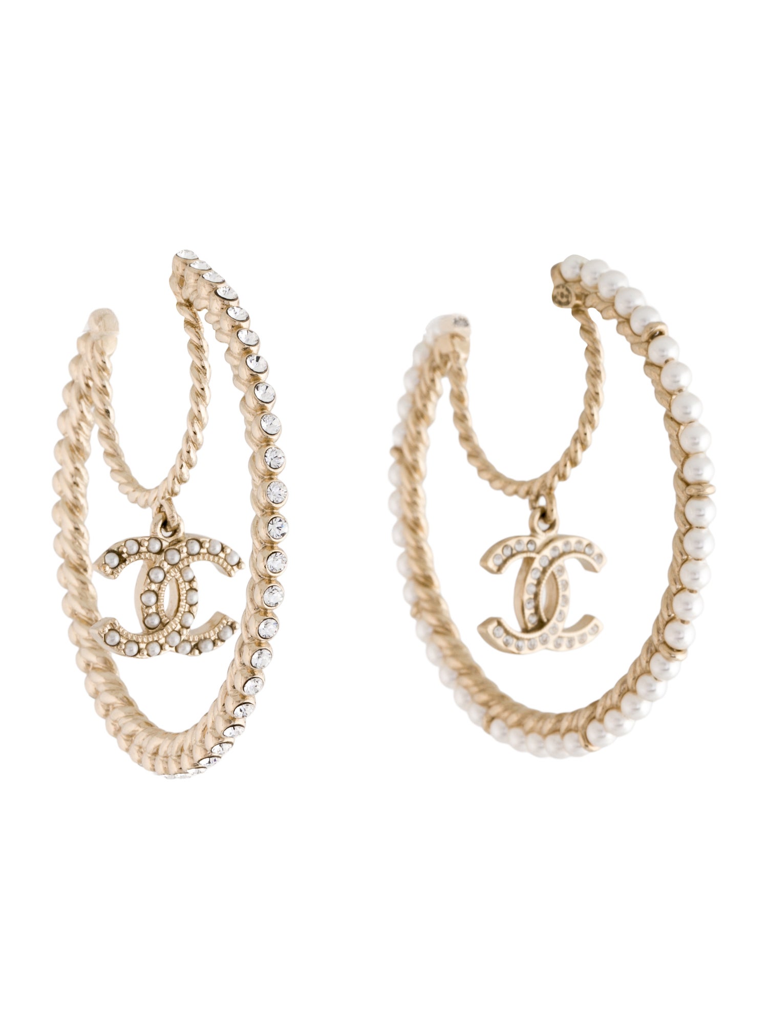 Chanel 2021 Faux Pearl & Strass CC Hoop Earrings