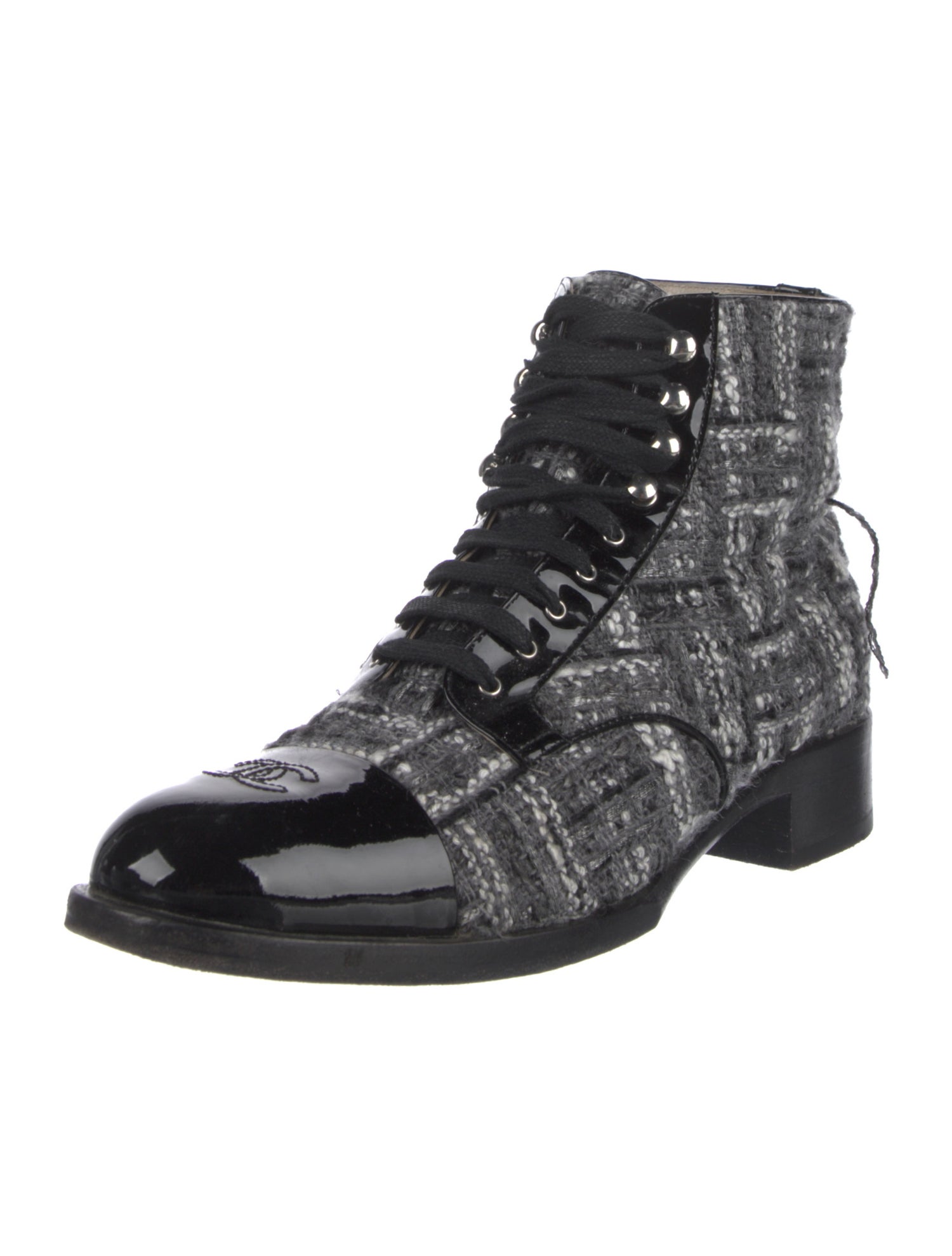 Chanel Interlocking CC Logo Tweed Combat Boots