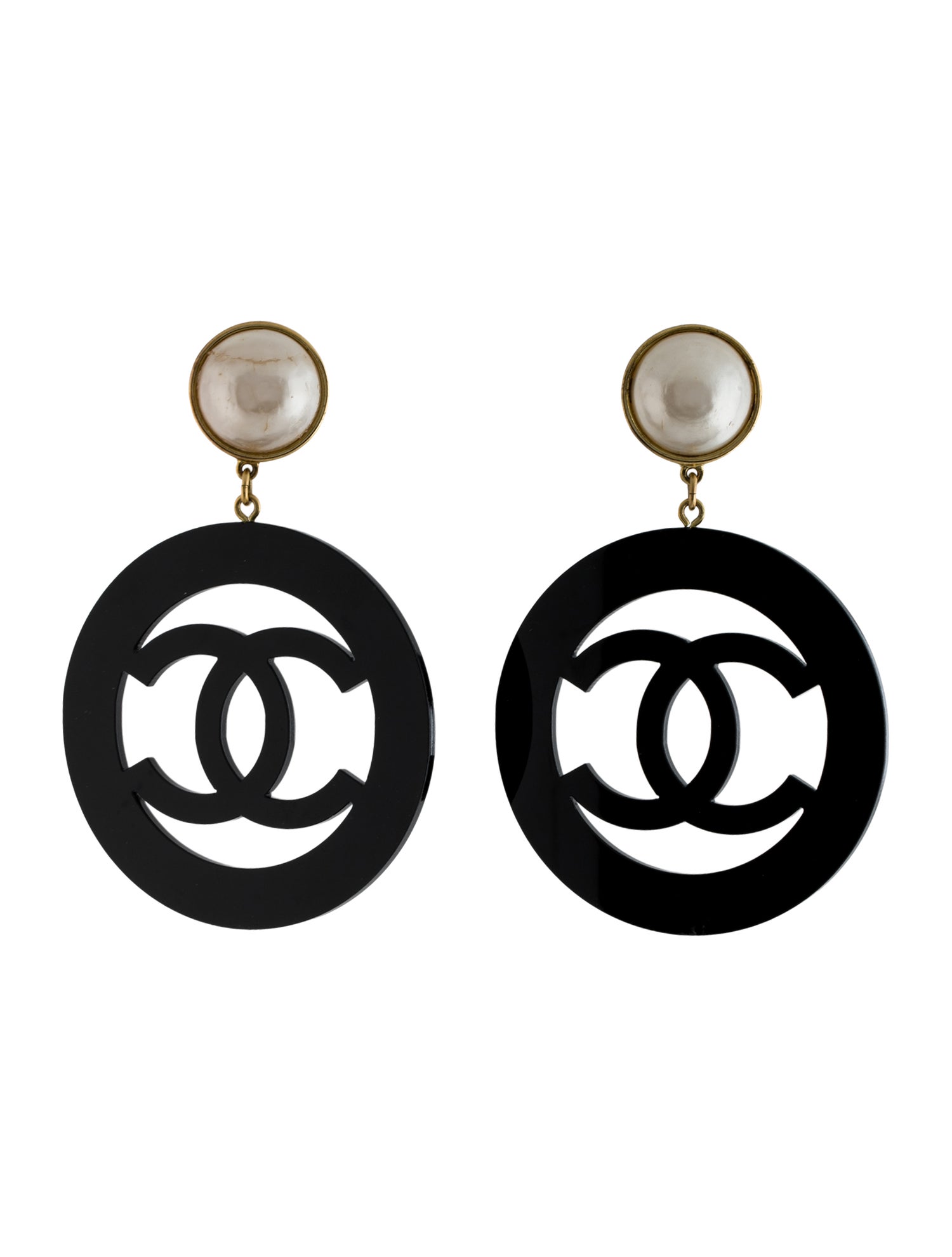 Chanel Vintage Faux Pearl & Resin CC Drop Clip-On Earrings