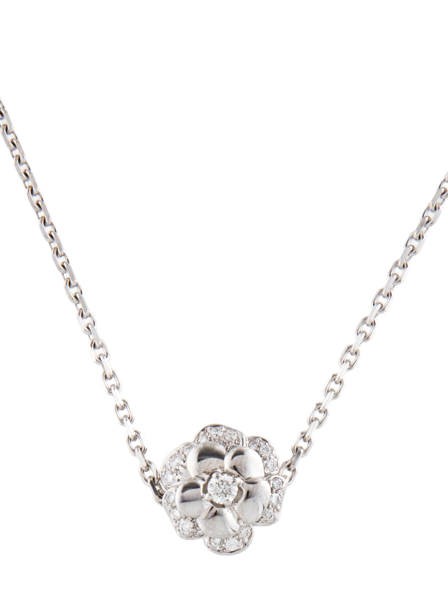 Chanel Vintage 18K Diamond Camelia Pendant Necklace