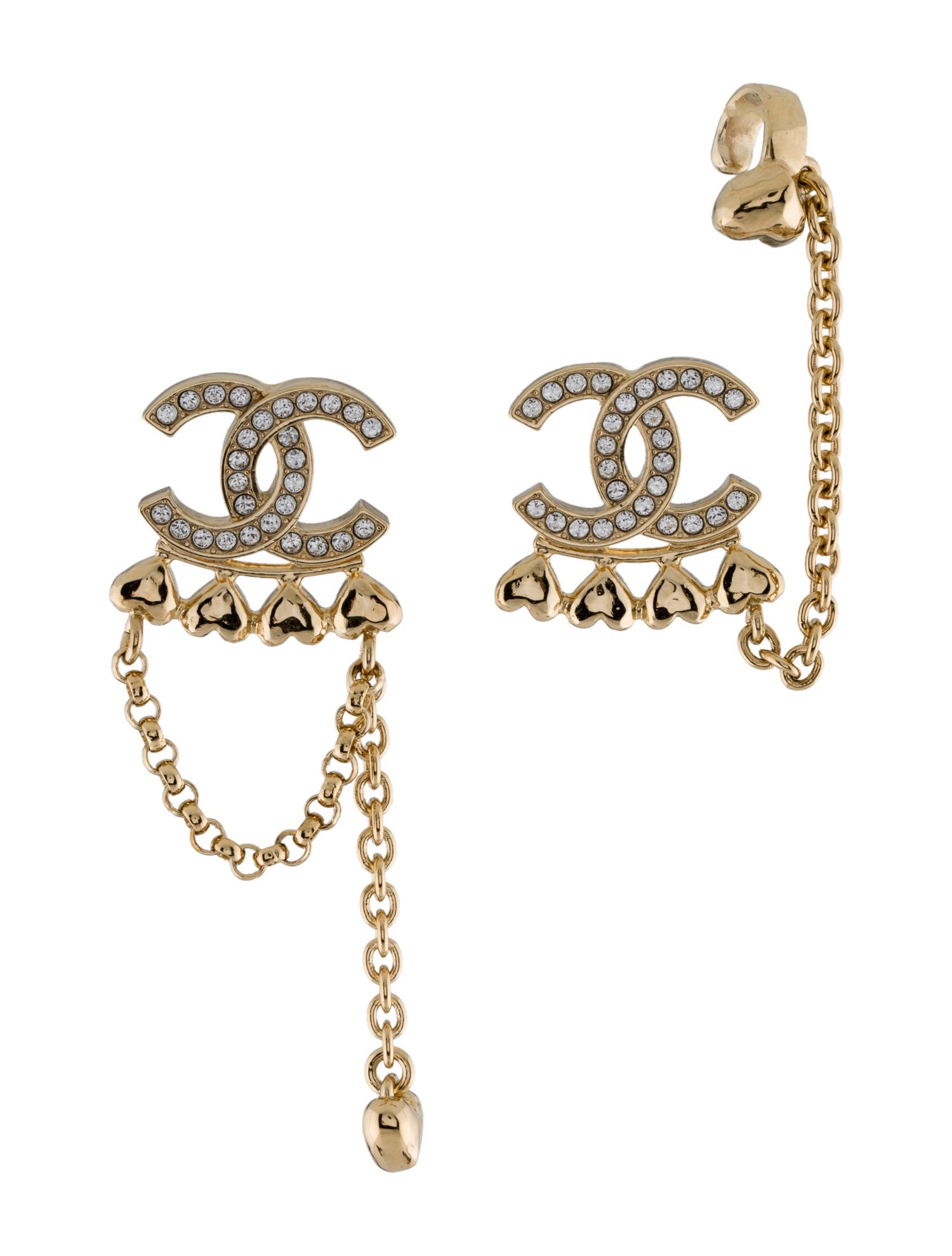 Chanel 2023 Strass Heart Ear Cuff Drop Earrings
