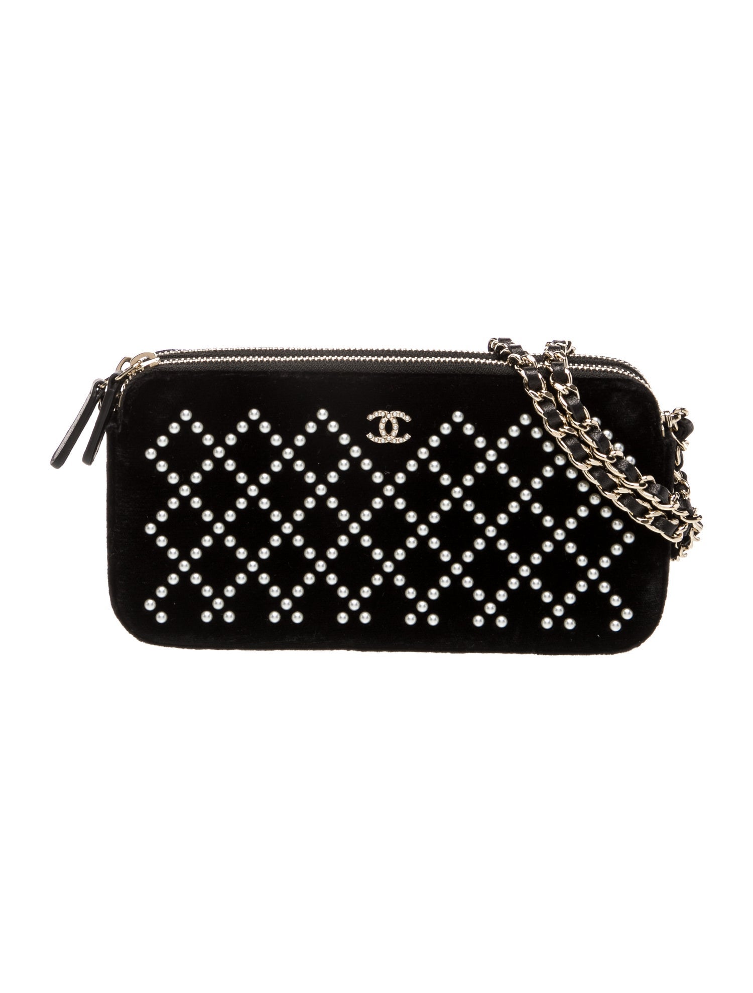 Chanel Quilted Faux Pearl Double Zip Clutch w/ Chain