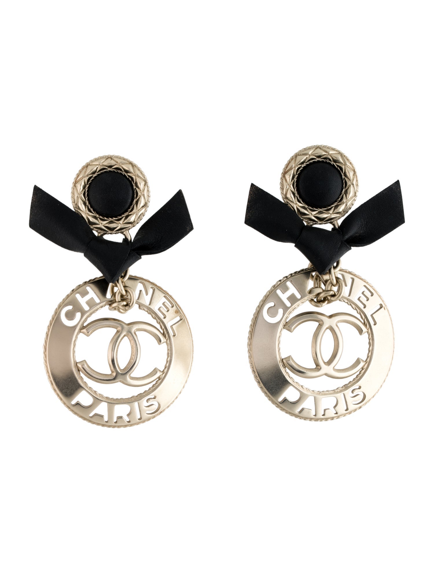 Chanel Leather Bow CC Drop Earrings