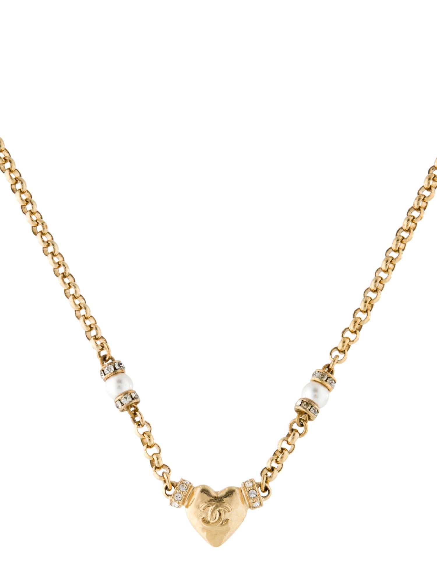 Chanel 2024 Faux Pearl & Strass CC Heart Pendant Necklace
