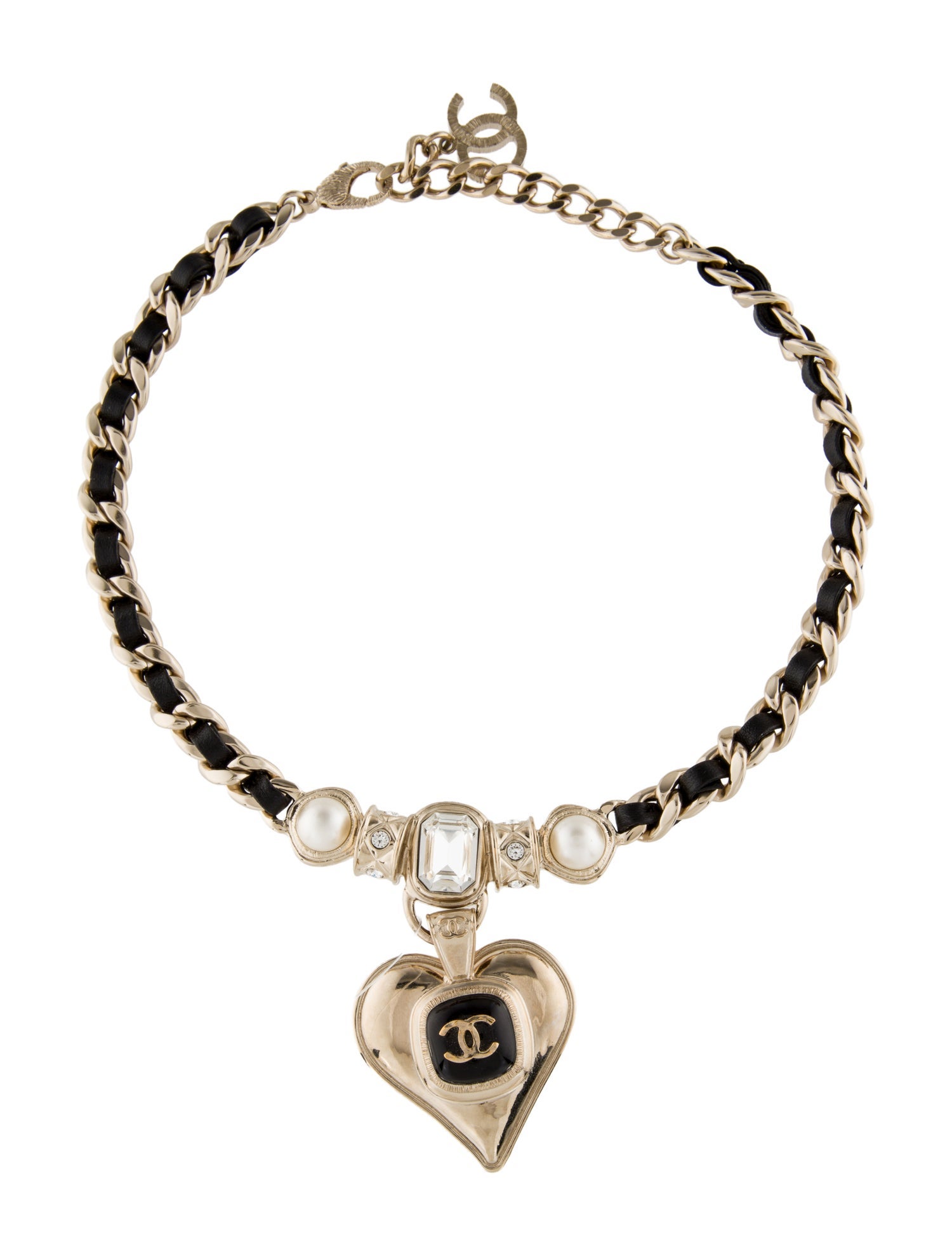 Chanel 2021 Strass, Leather & Resin CC Heart Pendant Necklace
