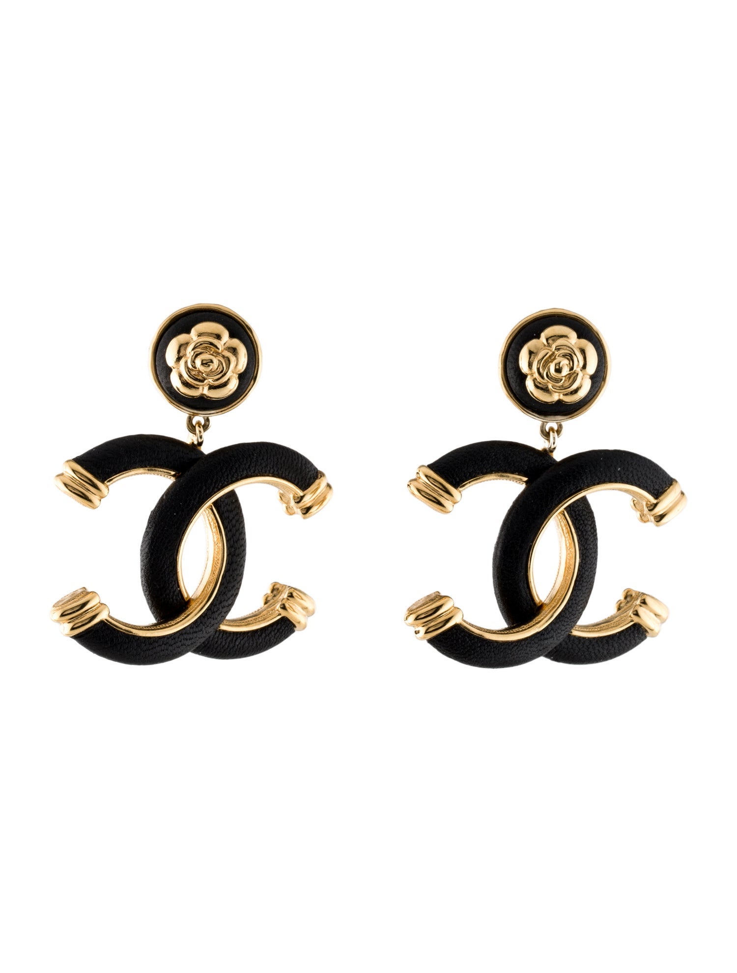 Chanel 2022 Leather CC Camellia Drop Earrings