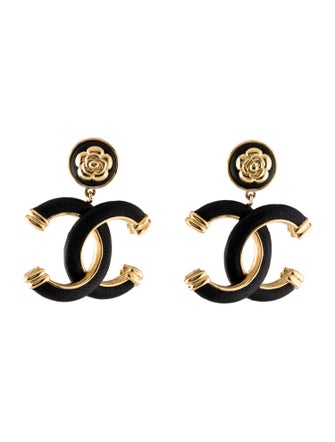 Chanel 2022 Leather CC Camellia Drop Earrings