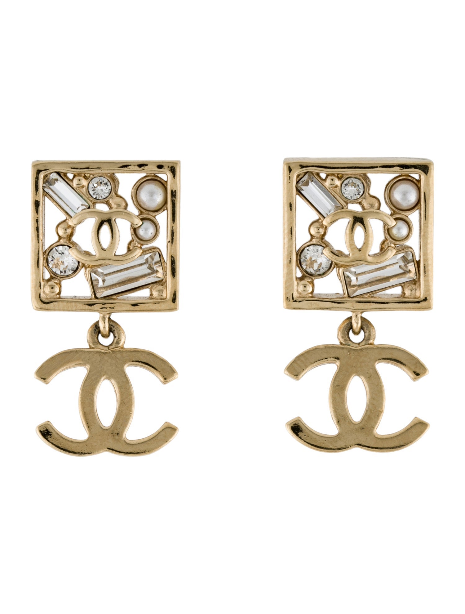 Chanel Faux Pearl & Strass Cluster CC Drop Earrings