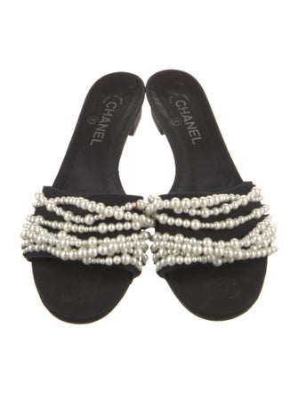 Chanel Faux Pearl Accents Canvas Slides