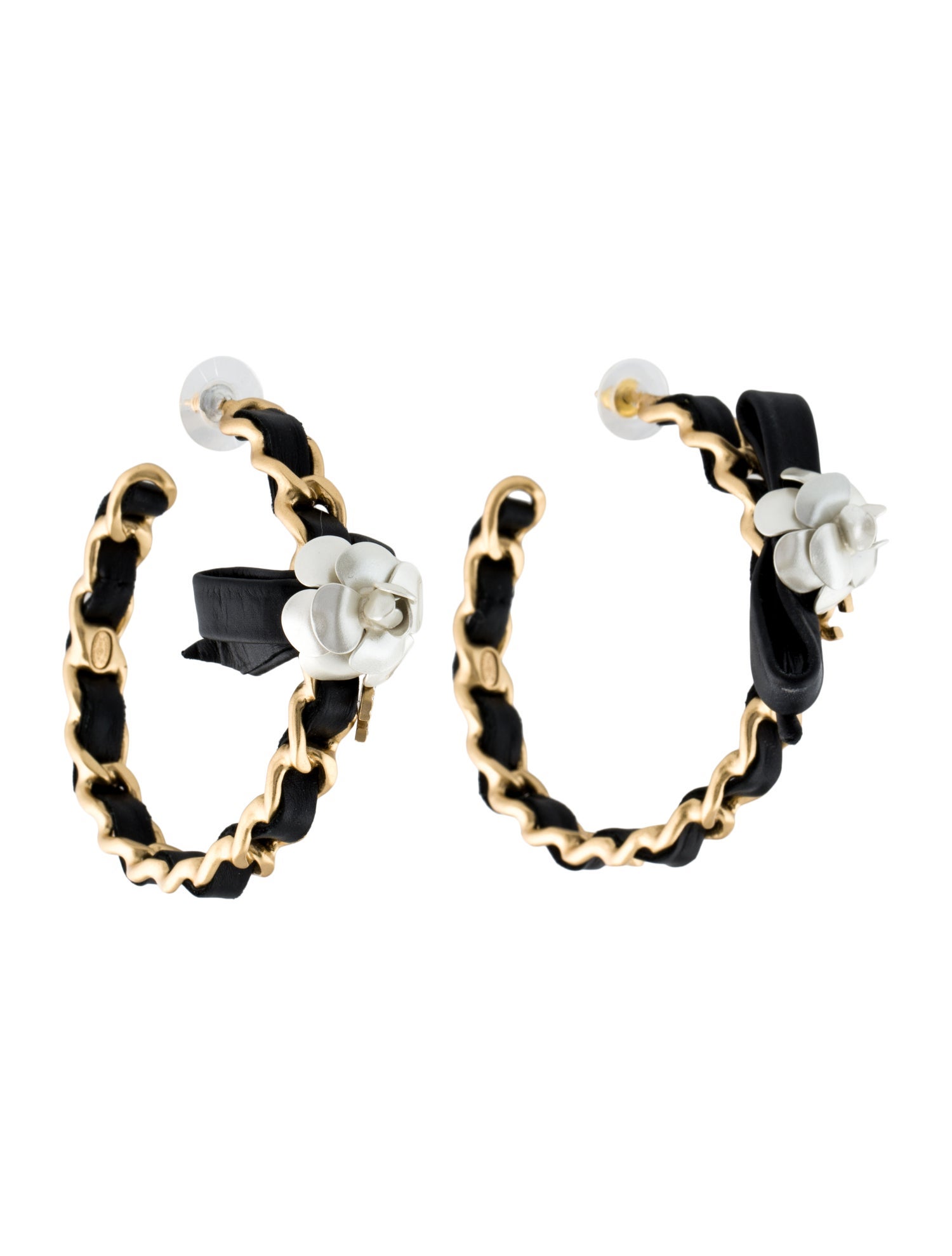 Chanel 2020 Leather, Strass & Enamel Camélia CC Hoop Earrings