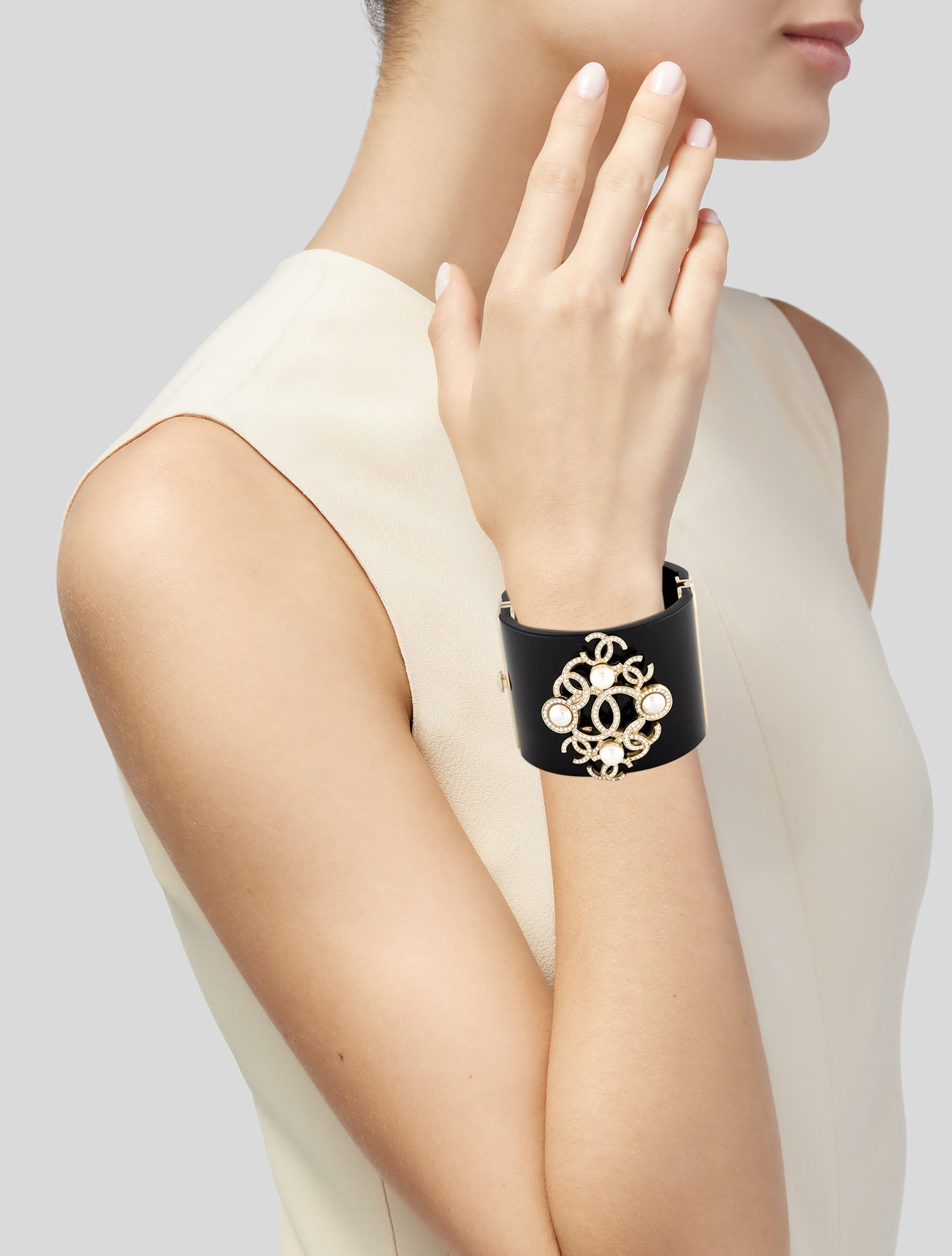 Chanel Faux Pearl, Strass & Resin CC Cuff Bracelet