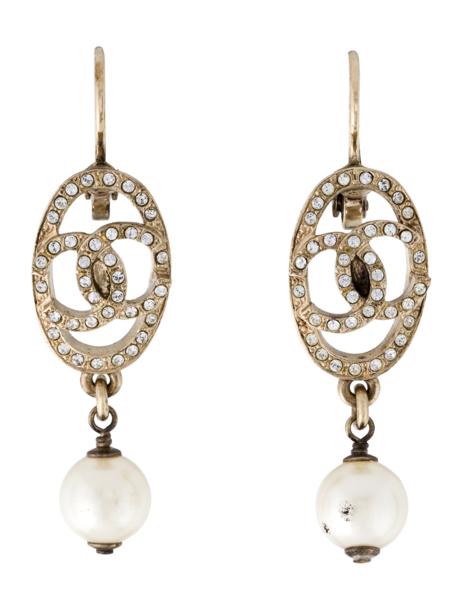 Chanel Faux Pearl & Strass CC Drop Earrings