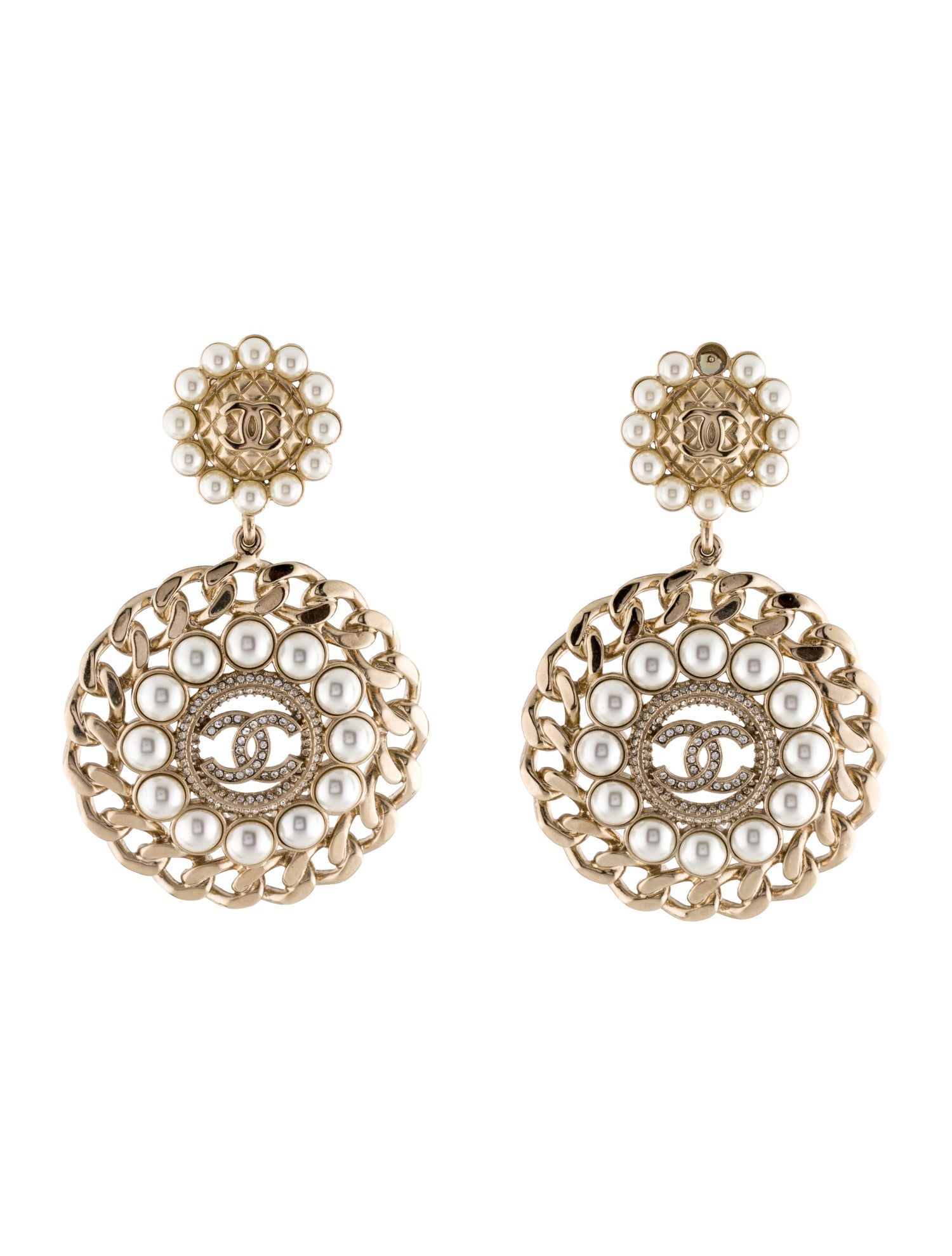 Chanel Faux Pearl & Strass CC Clip-On Earrings