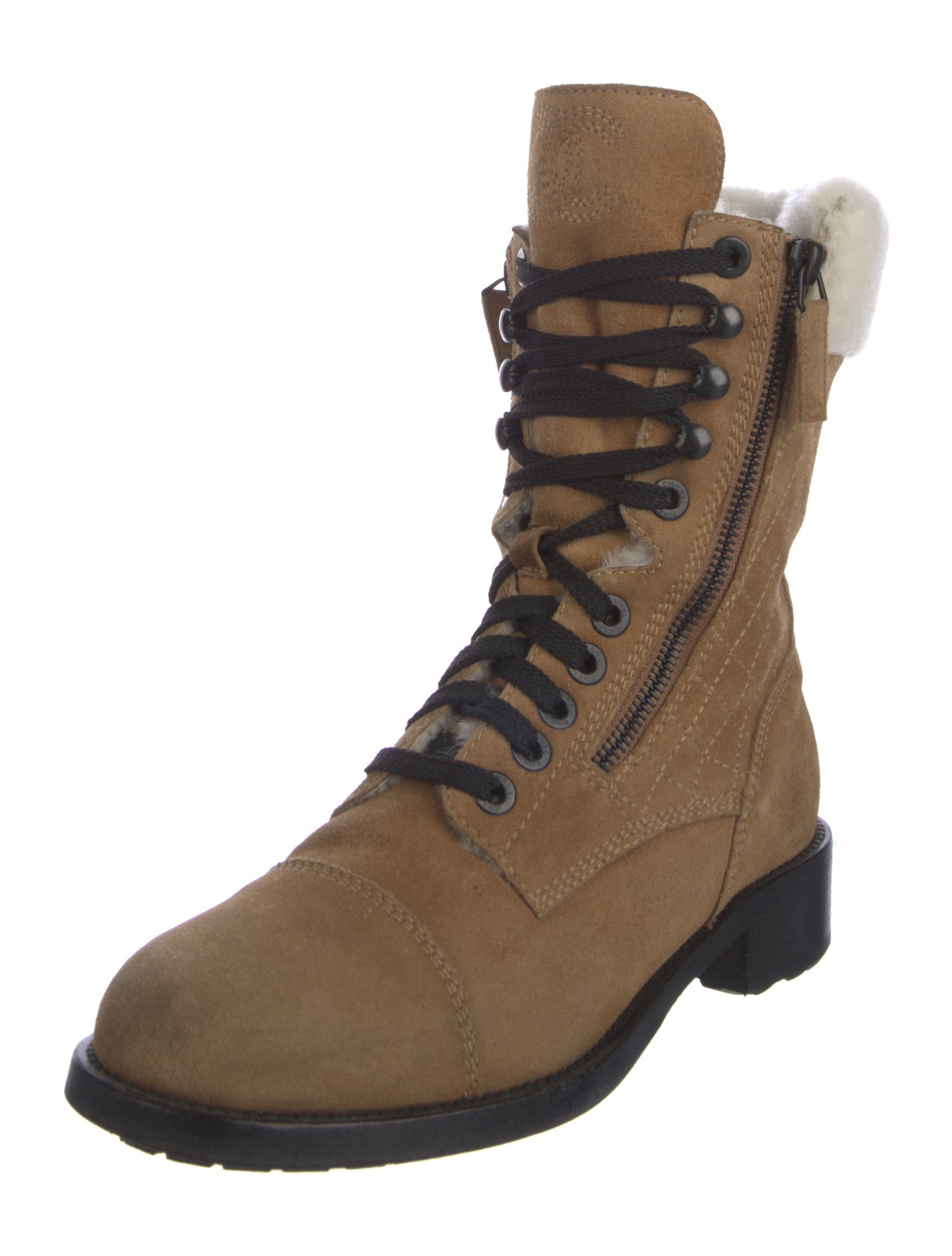 Chanel Interlocking CC Logo Shearling Combat Boots