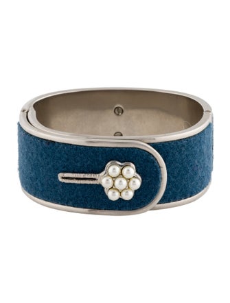 Chanel Fabric & Faux Pearl CC Hinged Bangle Bracelet
