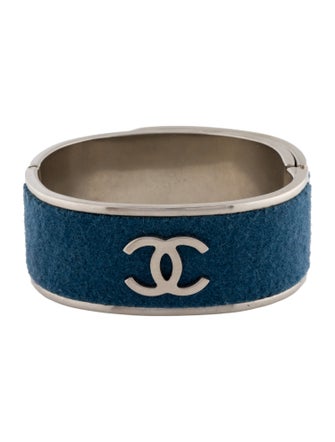 Chanel Fabric & Faux Pearl CC Hinged Bangle Bracelet