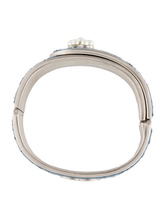 Chanel Fabric & Faux Pearl CC Hinged Bangle Bracelet
