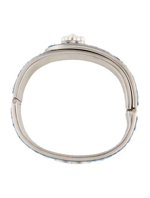 Chanel Fabric & Faux Pearl CC Hinged Bangle Bracelet