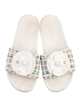 Chanel Interlocking CC Logo Tweed Slides