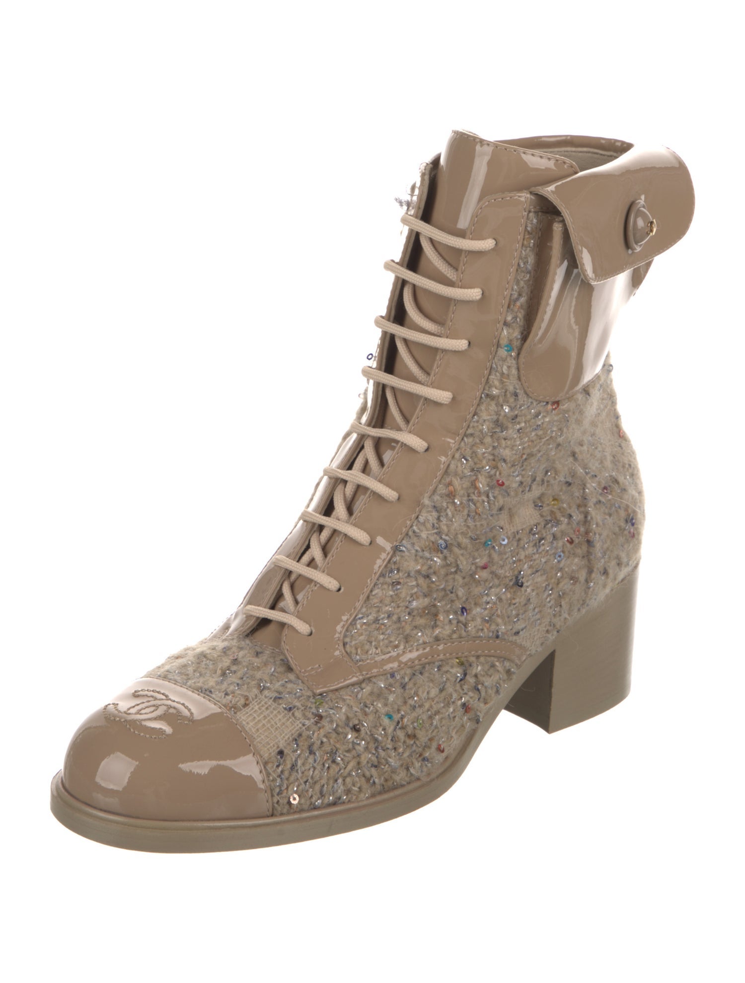 Chanel Interlocking CC Logo Tweed Lace-Up Boots