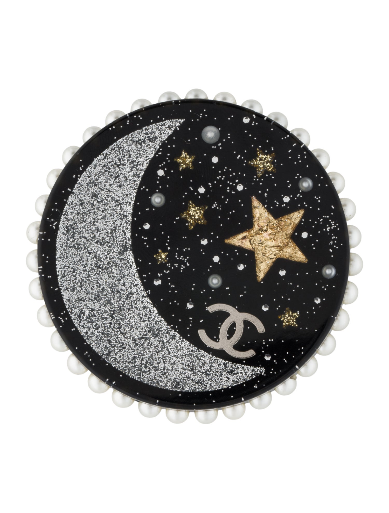 Chanel Faux Pearl, Resin, & Glitter Moon Pin Brooch