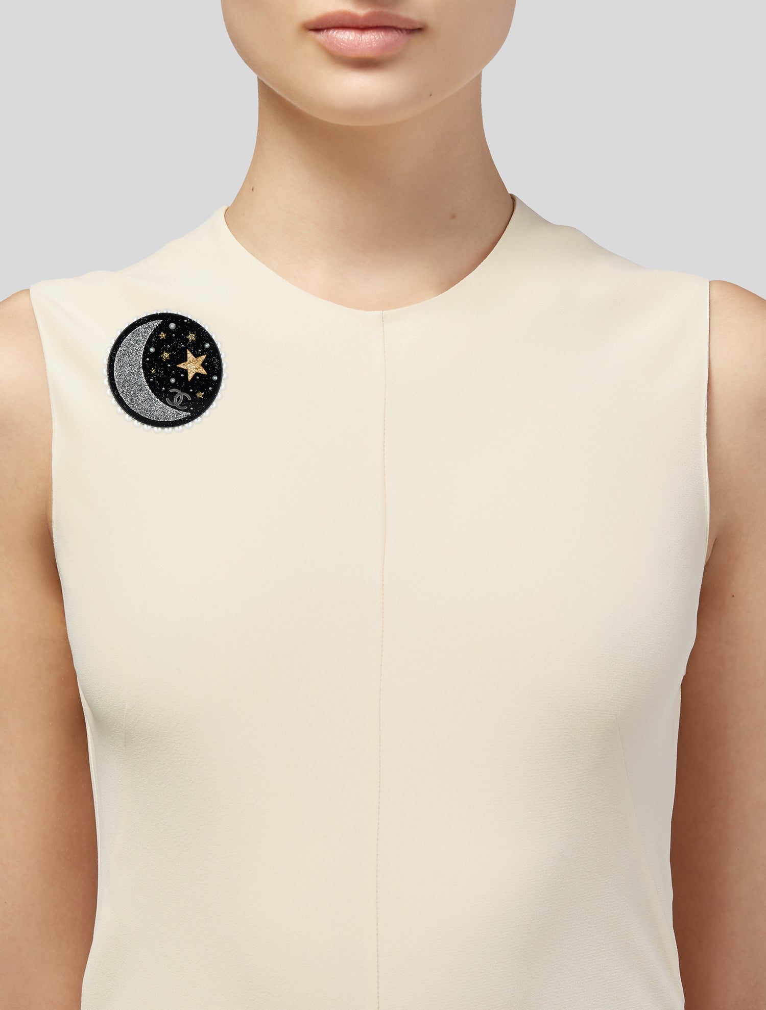 Chanel Faux Pearl, Resin, & Glitter Moon Pin Brooch
