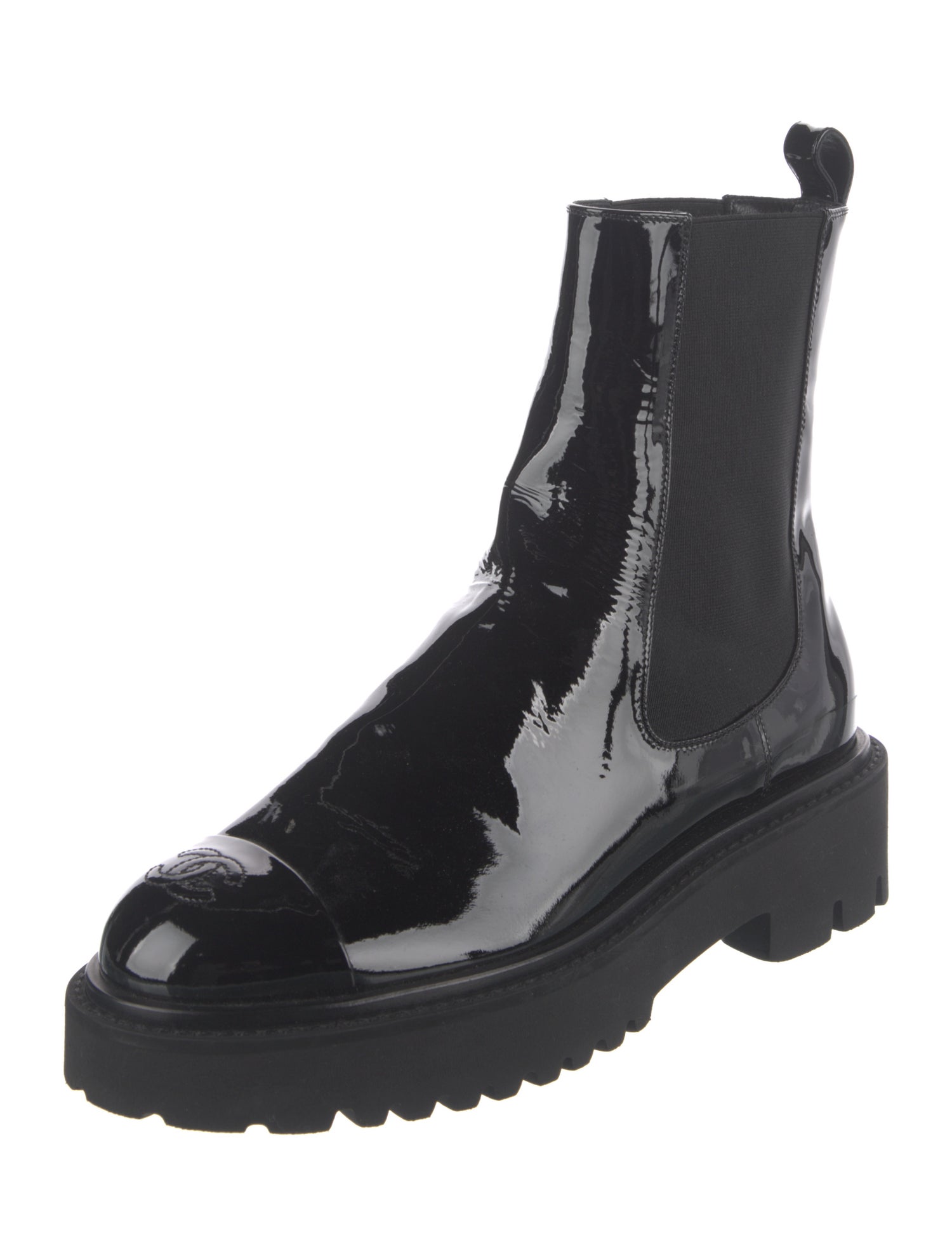 Chanel Interlocking CC Logo Patent Leather Chelsea Boots