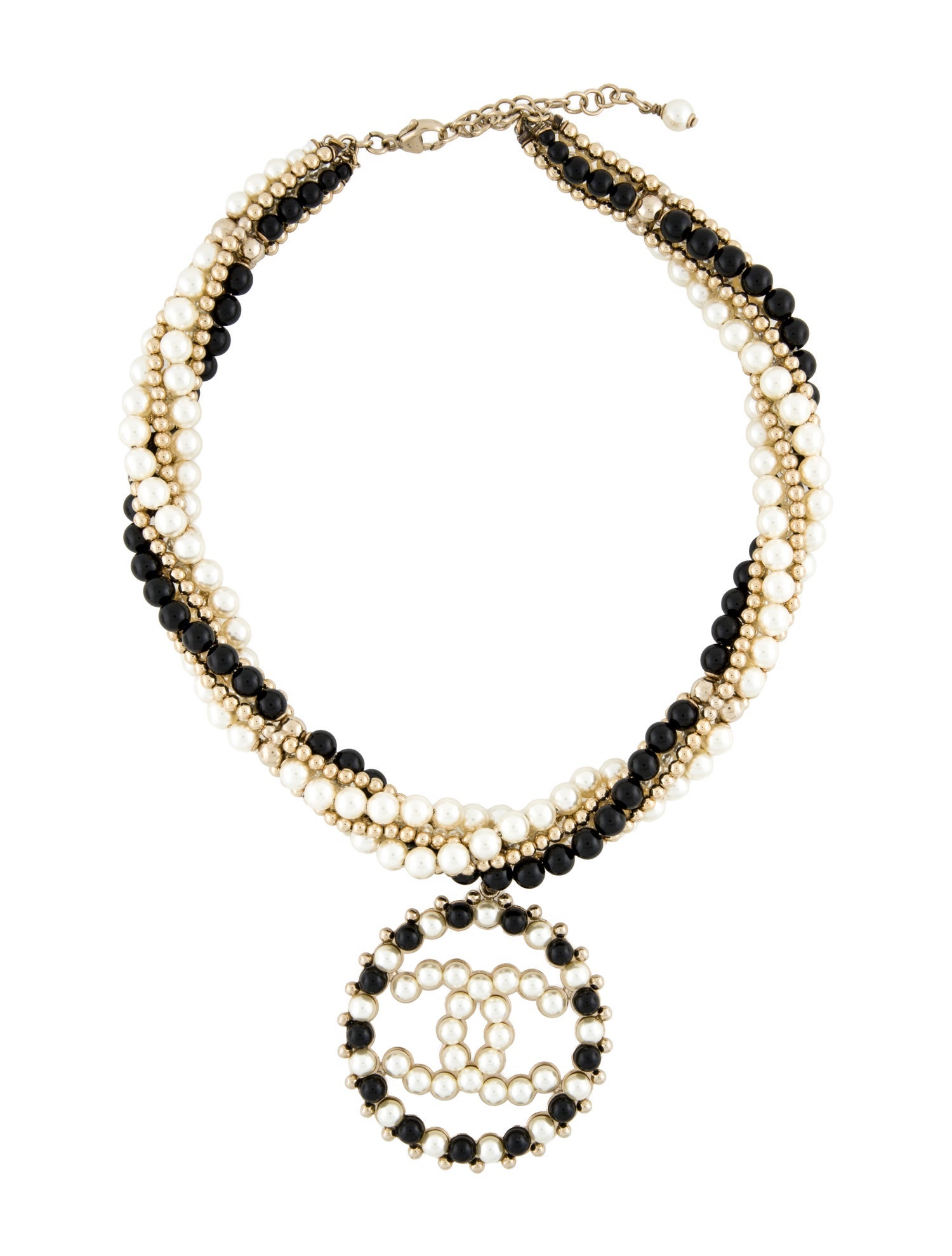 Chanel Faux Pearl & Resin Twisted Multi Strand CC Pendant Necklace