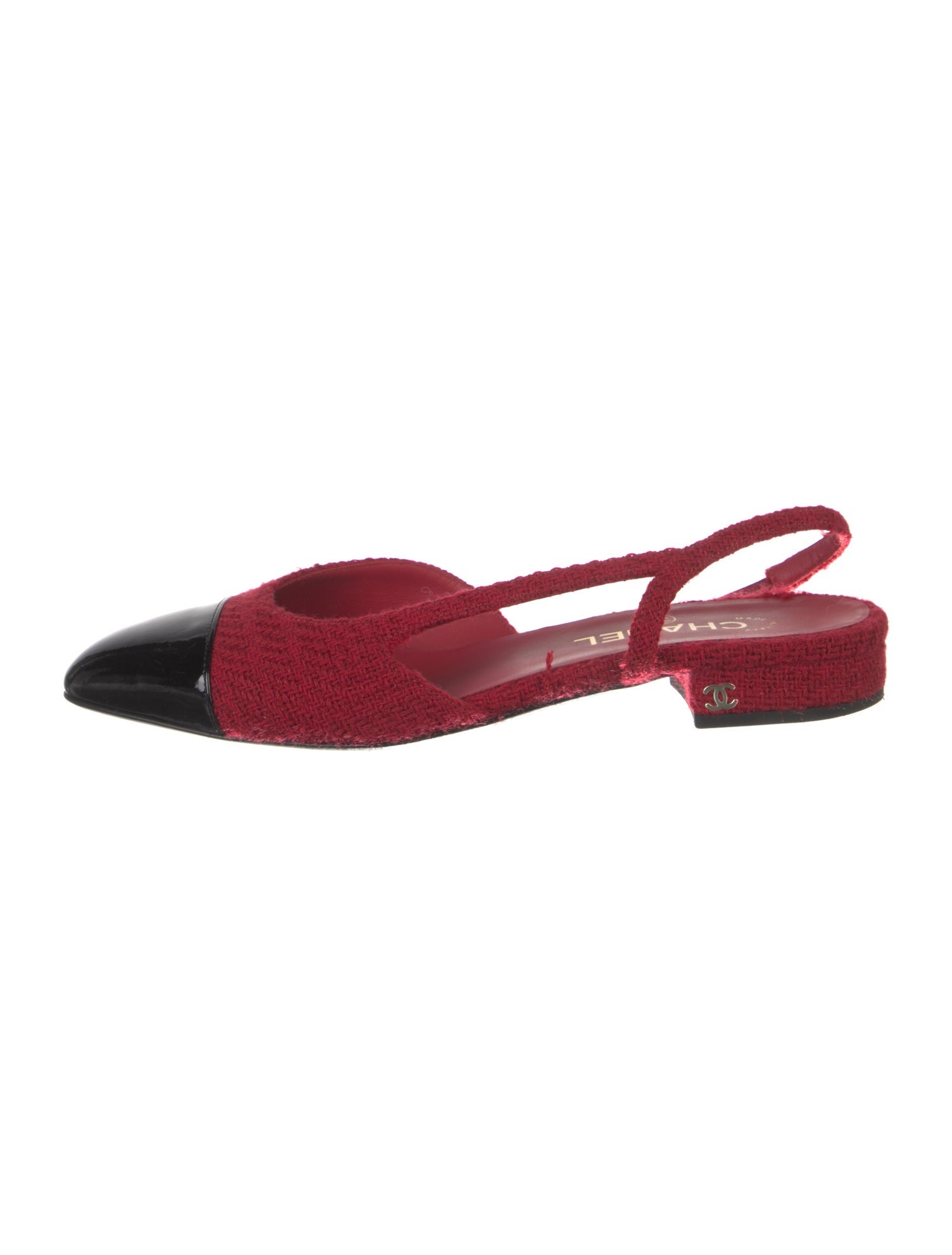 【正規品】新品未使用Tweed Slingback Flats 38 Chanel Interlocking CC Logo Tweed Slingback Flats - Red