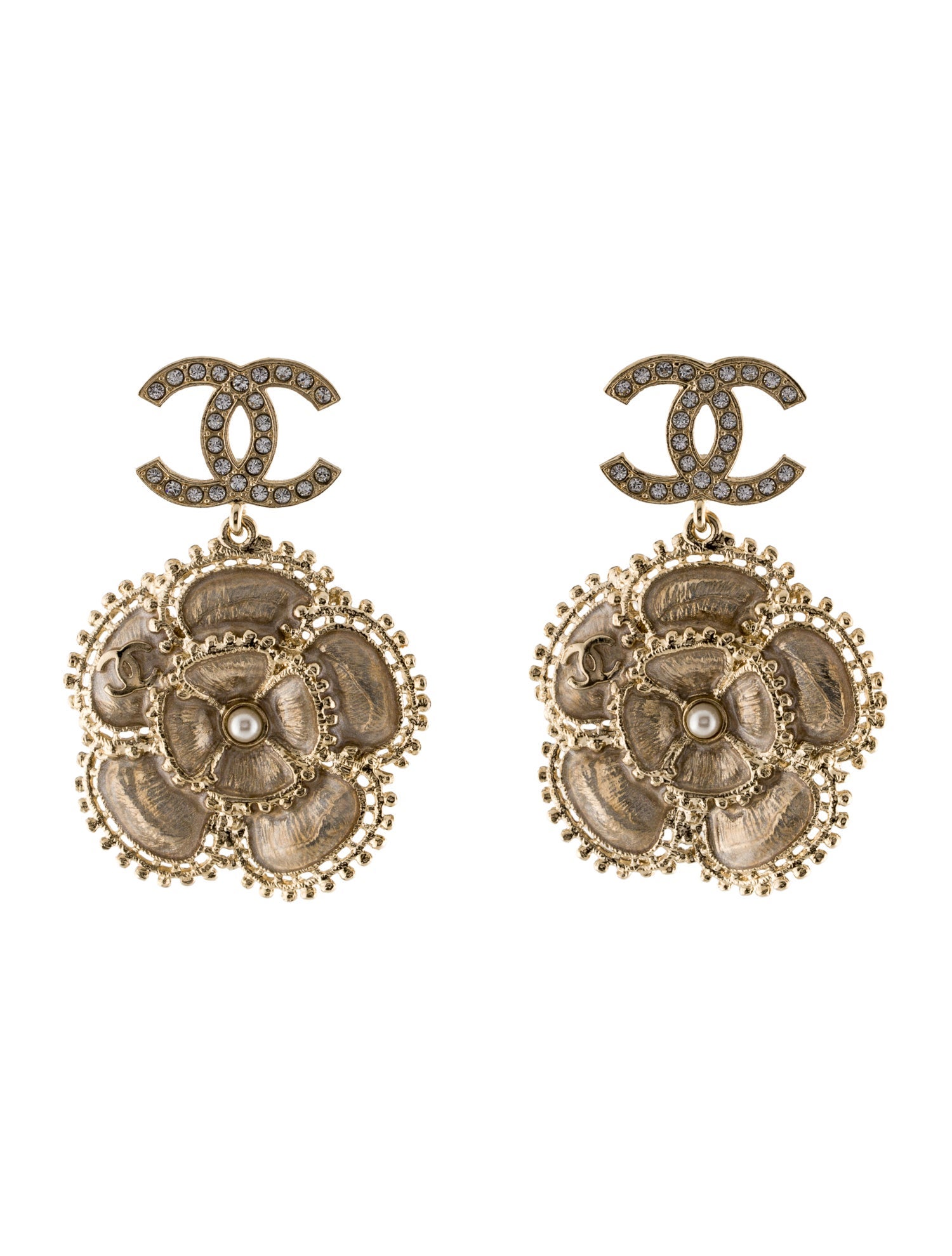 Chanel 2023 Faux Pearl & Strass CC Camellia Drop Earrings