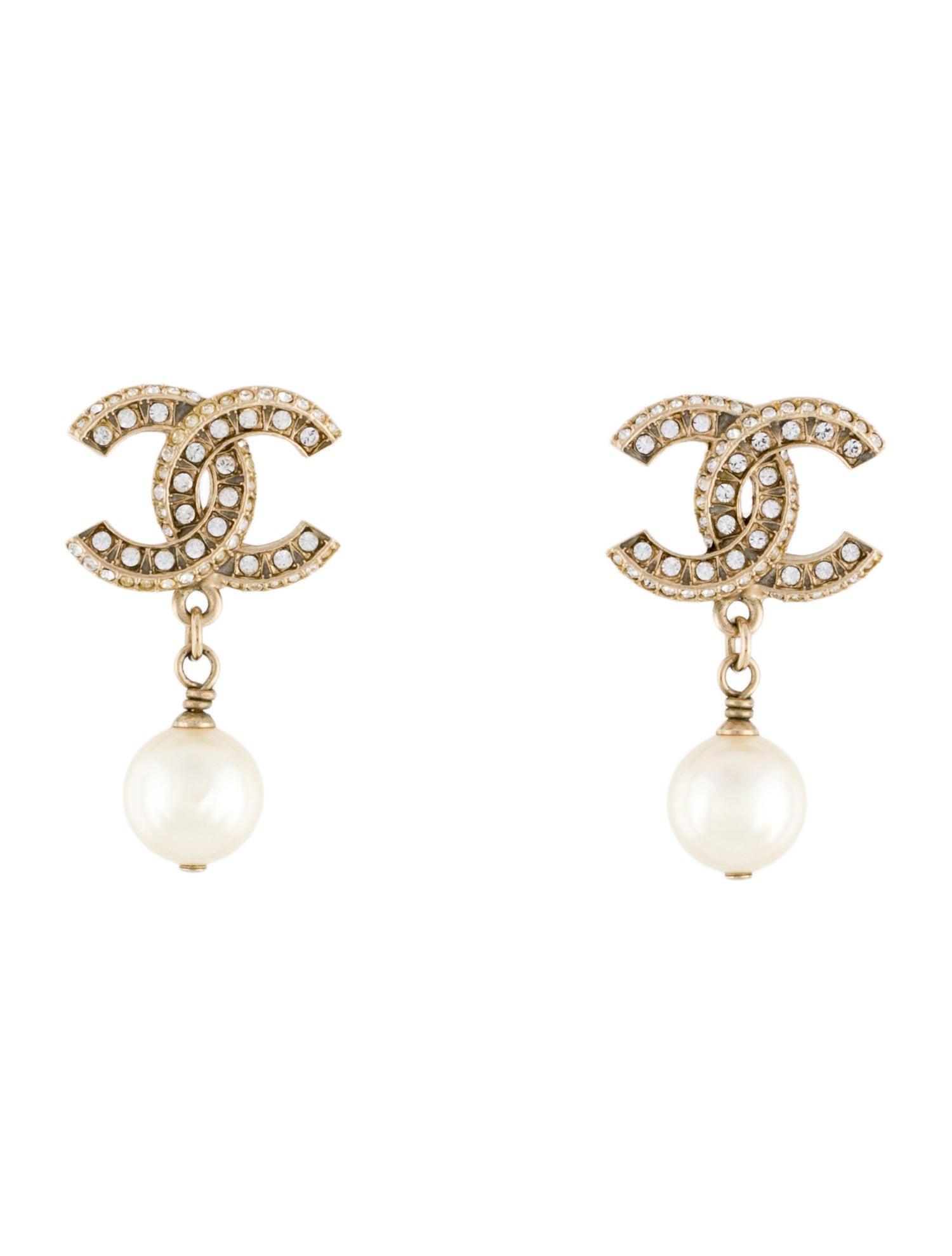 Chanel Faux Pearl & Strass CC Drop Earrings