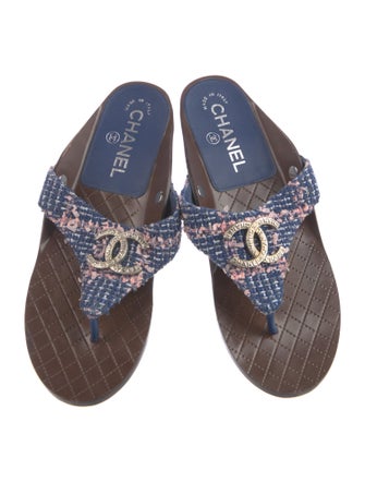 Chanel Interlocking CC Logo Tweed Slides