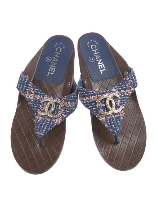 Chanel Interlocking CC Logo Tweed Slides