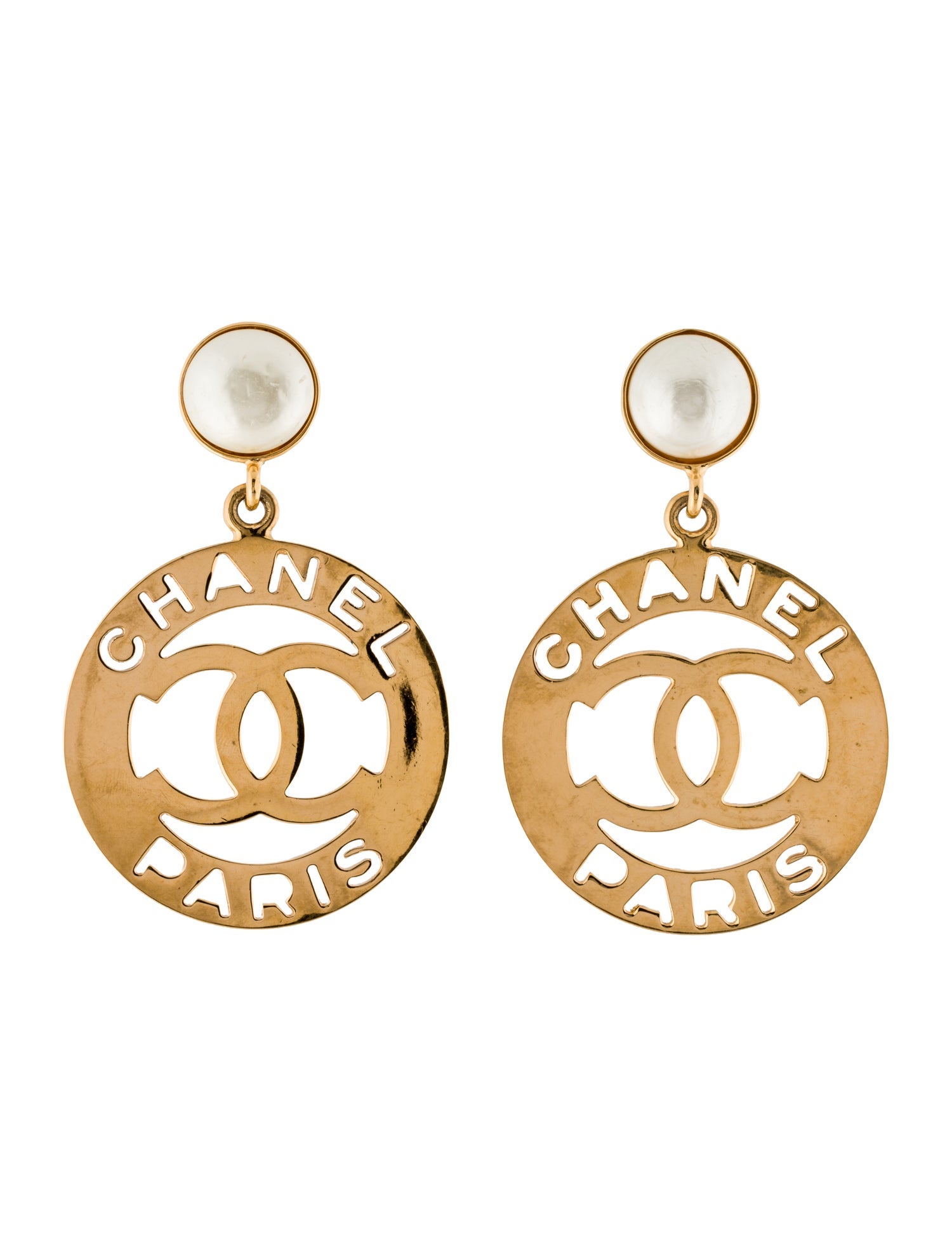 Chanel Vintage Faux Pearl Large CC Drop Clip-On Earrings