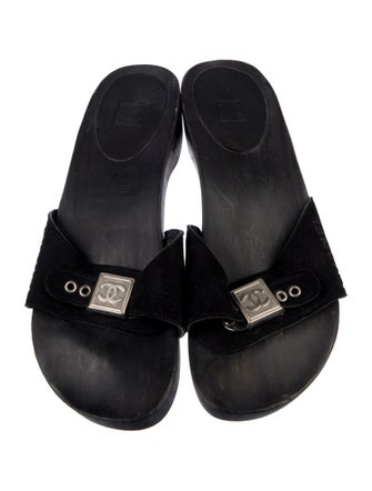Chanel Interlocking CC Logo Suede Slides