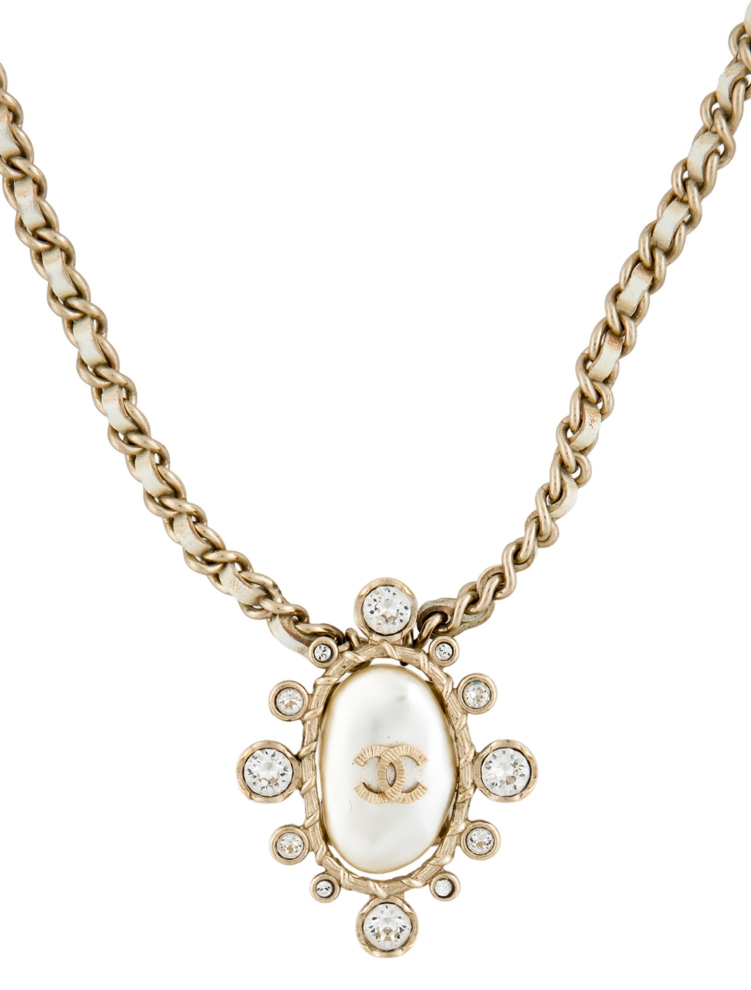 Chanel 2019 Faux Pearl, Strass & Leather CC Pendant Necklace