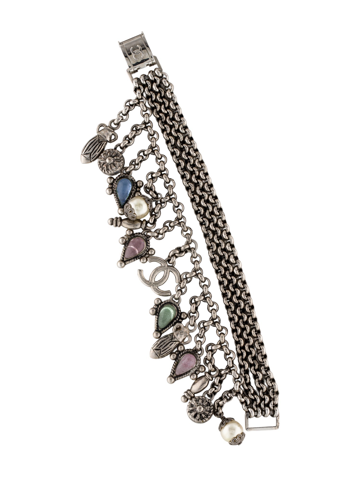 Chanel Vintage Faux Pearl & Strass CC Multistrand Charm Bracelet