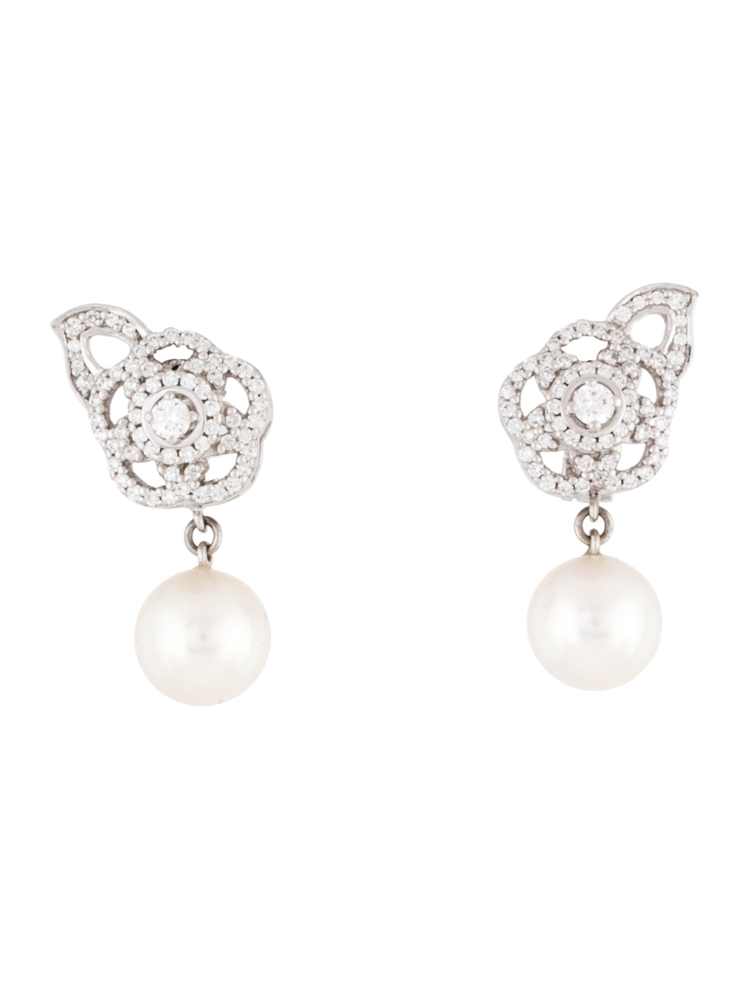 Chanel 18K Pearl & Diamond Camélia Brodé Earrings