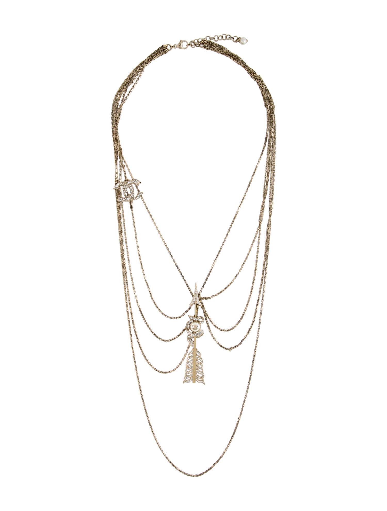 Chanel Faux Pearl & Strass CC Station Arrow Multistrand Necklace