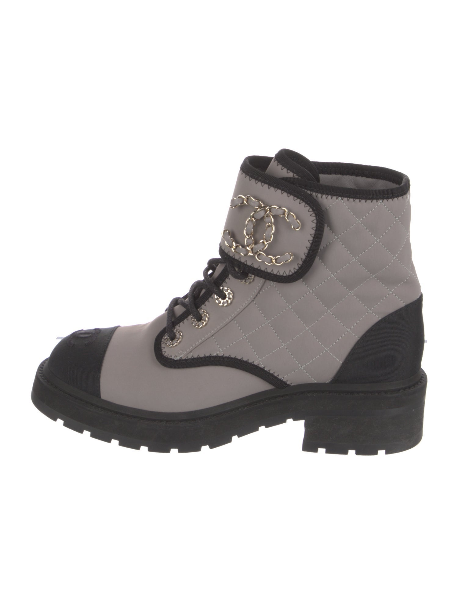 Chanel Interlocking CC Logo Chain-Link Accents Combat Boots