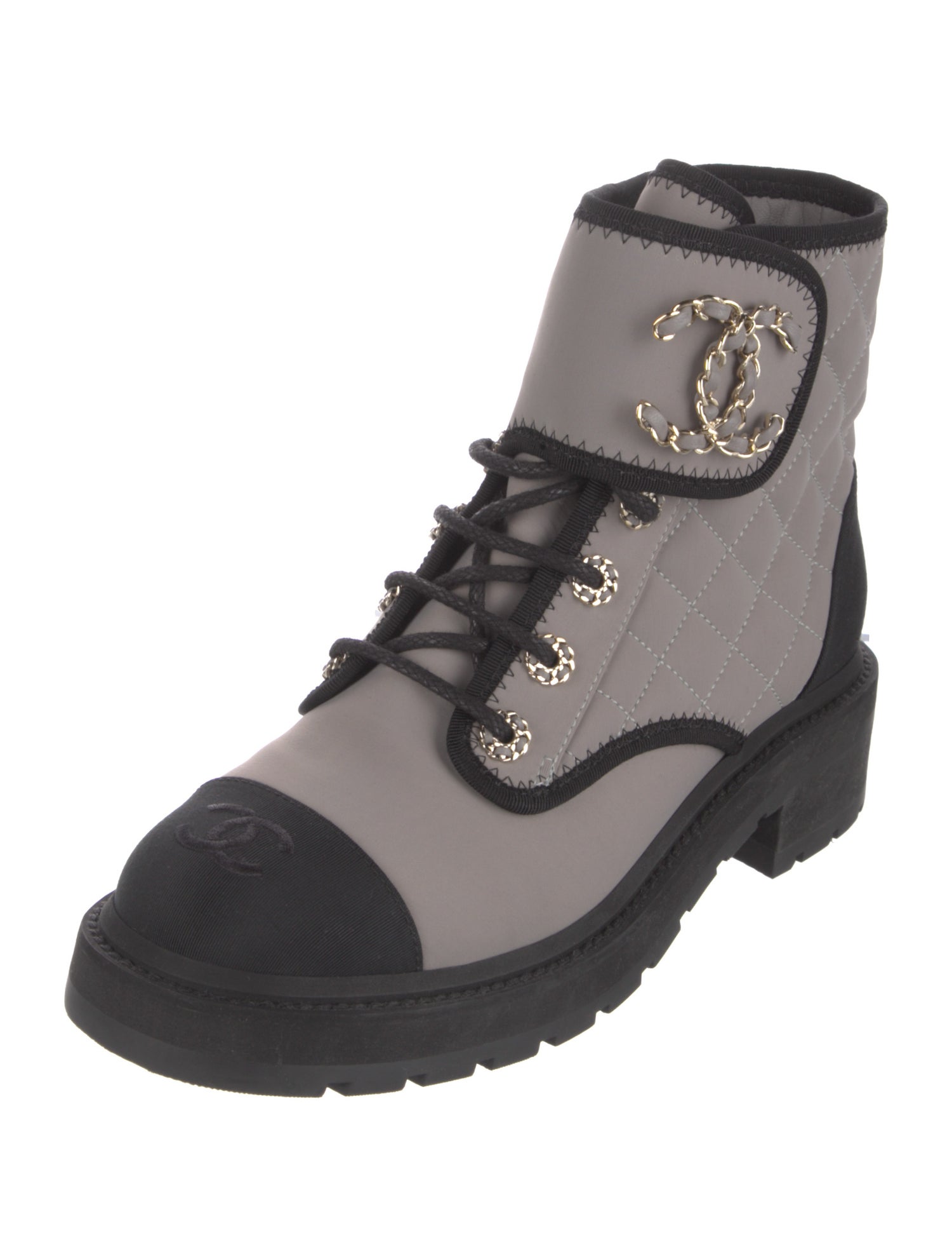 Chanel Interlocking CC Logo Chain-Link Accents Combat Boots