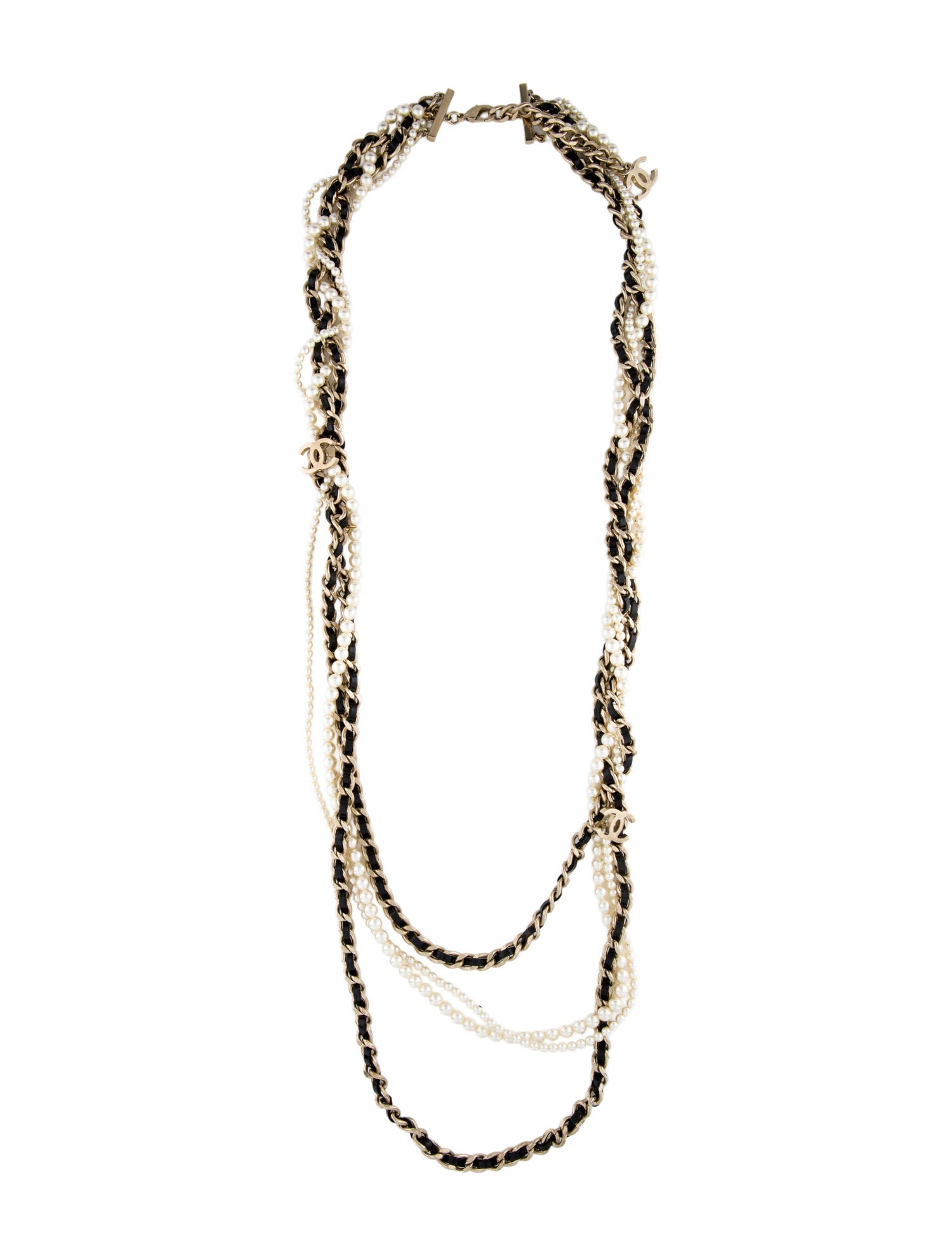 Chanel Faux Pearl & Leather CC Multistrand Necklace